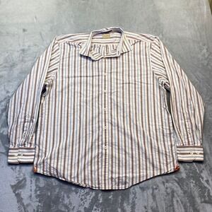Tommy Bahama Jeans Men XL Button Up Shirt Striped Cotton Long Sleeve Orange Blue